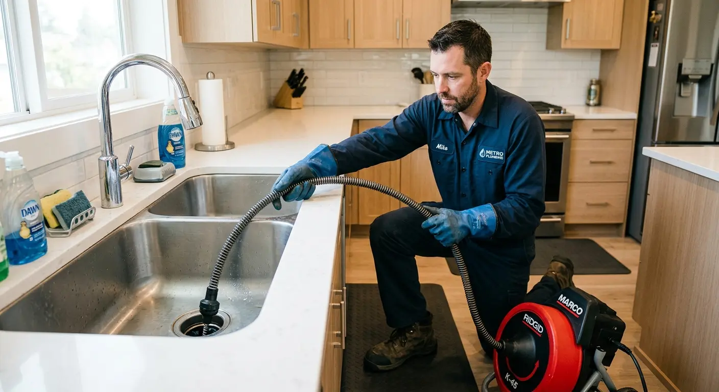 Drain cleaning technician using a motorized snake on a kitchen sink in Rio Rico