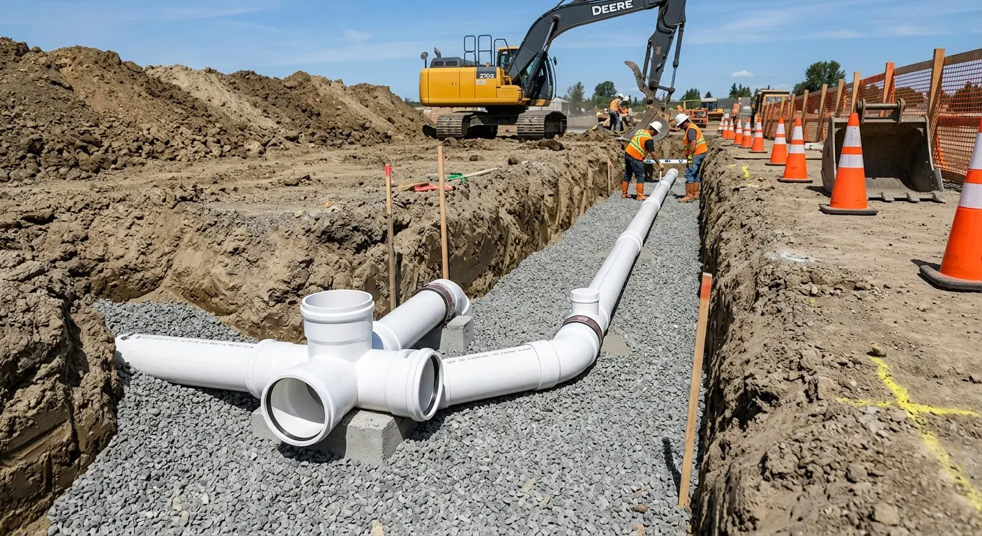 New PVC sewer pipe installation in open trench for Sewer Backup in Rio Rico