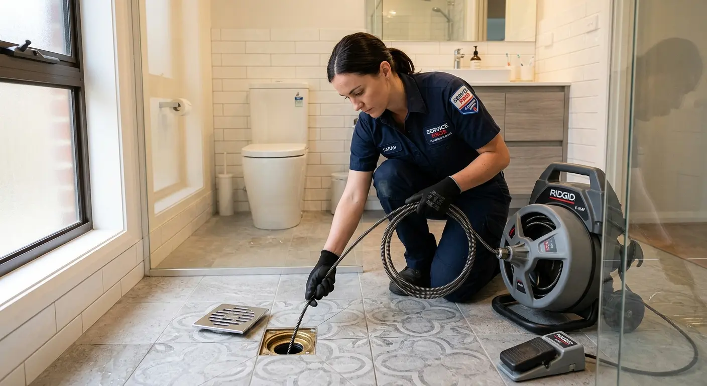 Technician clearing a bathroom floor drain for Clogged Drain Repair in Rio Rico